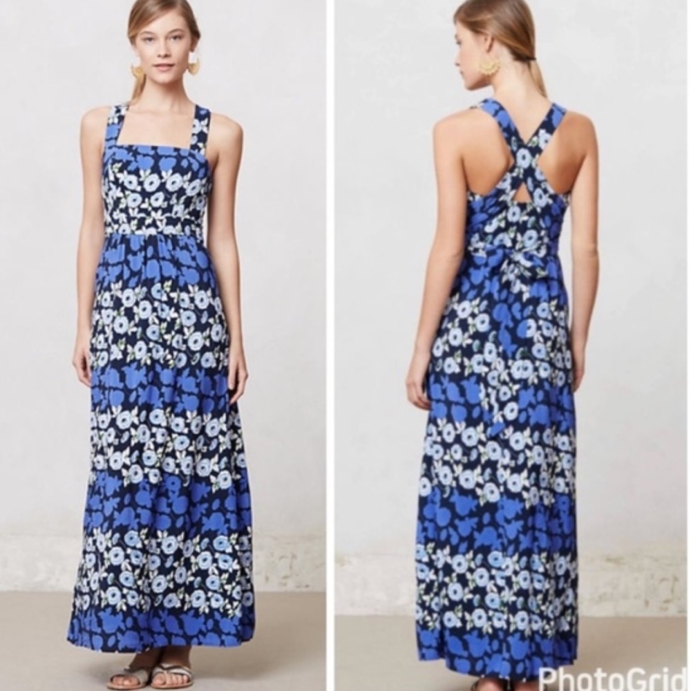 Anthropologie Blue Floral Maxi Dress